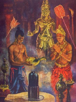 Painting portrays the priest anointing the symbol of the Hindu god Siva in rites sanctifying Jayavarman II as devaraja, or god-king.